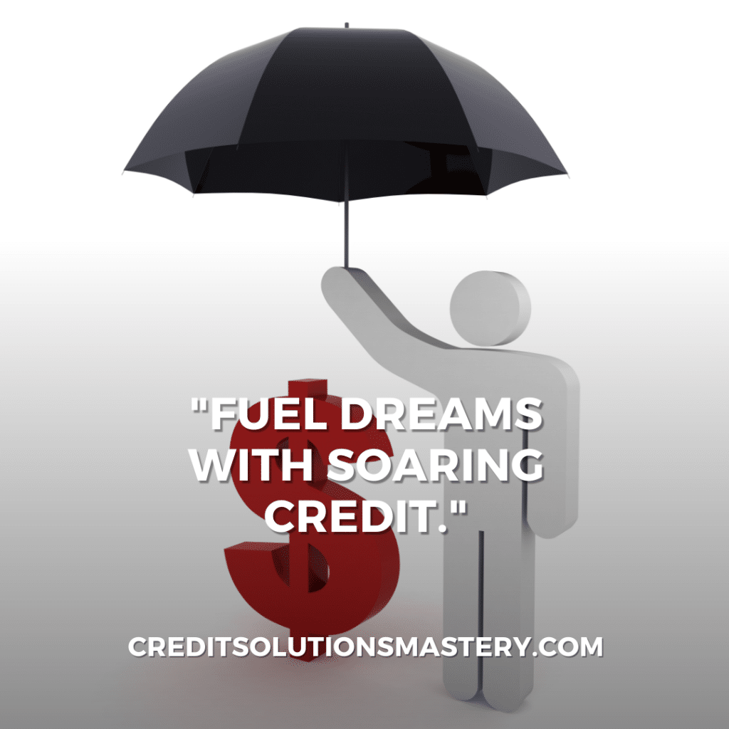 The image displays a graphic with a 3D figure holding an open black umbrella above them. Attached to the handle of the umbrella is a large, red dollar sign symbol. The figure appears protective or offering shelter to the dollar sign. Above the figure, the text reads "CREDIT WISDOM UNLEASHED" in bold, capitalized letters, and the website "CREDITSOLUTIONSMASTERY.COM" is shown below. The background is a neutral gradient, emphasizing the message of financial protection or safeguarding one’s credit.