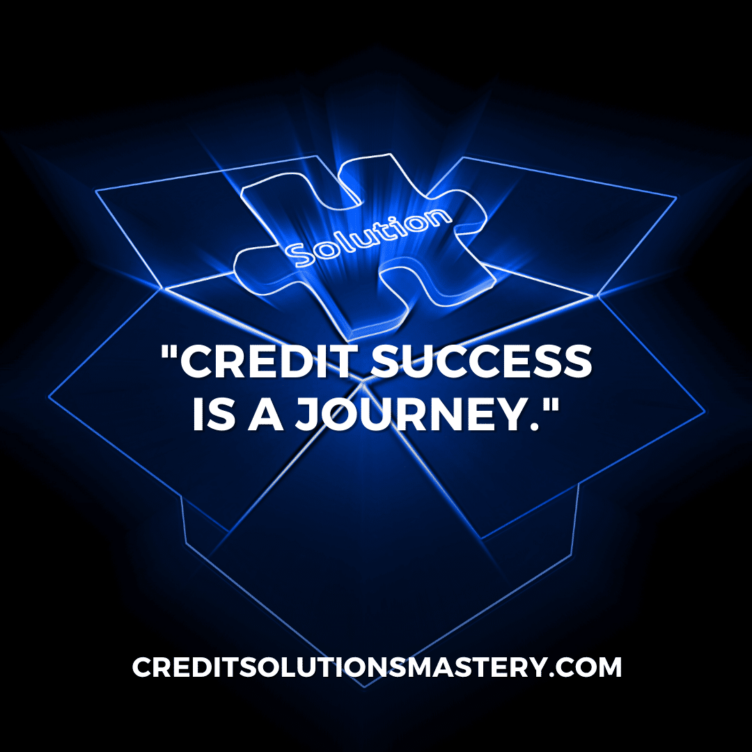 A neon blue jigsaw puzzle piece with the word 'solution' glowing in the center on a dark background. Above the puzzle piece, the quote 'CREDIT SUCCESS IS A JOURNEY.' appears in white text. Below the puzzle piece is the URL 'CREDITSOLUTIONSMASTERY.COM' in white lettering.