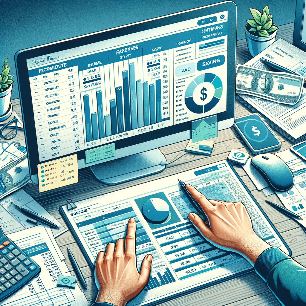 An illustration of a person's hands working on a financial budget with a stylus on a tablet, which displays graphs and numbers. The workspace includes a desktop monitor showing charts that represent income, expenses, and savings, alongside a calculator, pen, some cash, and financial documents. The setting conveys a theme of detailed personal finance management.