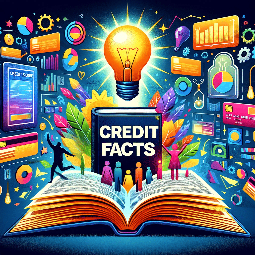 An illustration depicting a large, colorful book open to a page titled 'Credit Facts' with various myth-busting facts about credit scores illustrated on the pages. Above the book, a bright light bulb represents enlightenment and understanding. The background is adorned with vibrant images of credit cards, charts, and graphs transitioning from obscure shadows to clear images, symbolizing the clearing up of misconceptions. The scene conveys a sense of discovery and clarity in the context of financial knowledge.