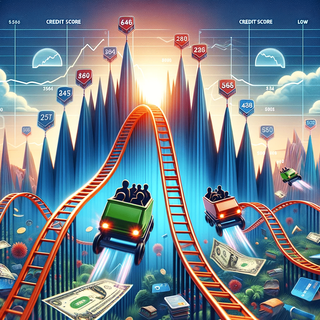 A colorful illustration depicts a roller coaster ride, representing the fluctuating nature of credit scores. The roller coaster tracks ascend and descend sharply, correlating with peaks and troughs labeled with various credit score numbers. One cart is on a high peak labeled with a 'good' score, while another is descending towards a 'low' score area. The background features a graph with credit score ranges against a twilight sky, and floating monetary bills and credit cards add to the metaphor of financial ups and downs.