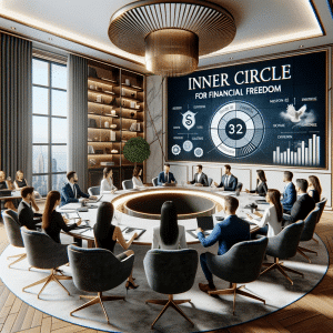 A professional group of men and women seated around a round table in a modern conference room with a luxurious interior. They are focused on a presentation titled 'INNER CIRCLE FOR FINANCIAL FREEDOM' displayed on a large screen, featuring various financial metrics and the number 32 in the center. The room has a high-rise view with abundant natural light.