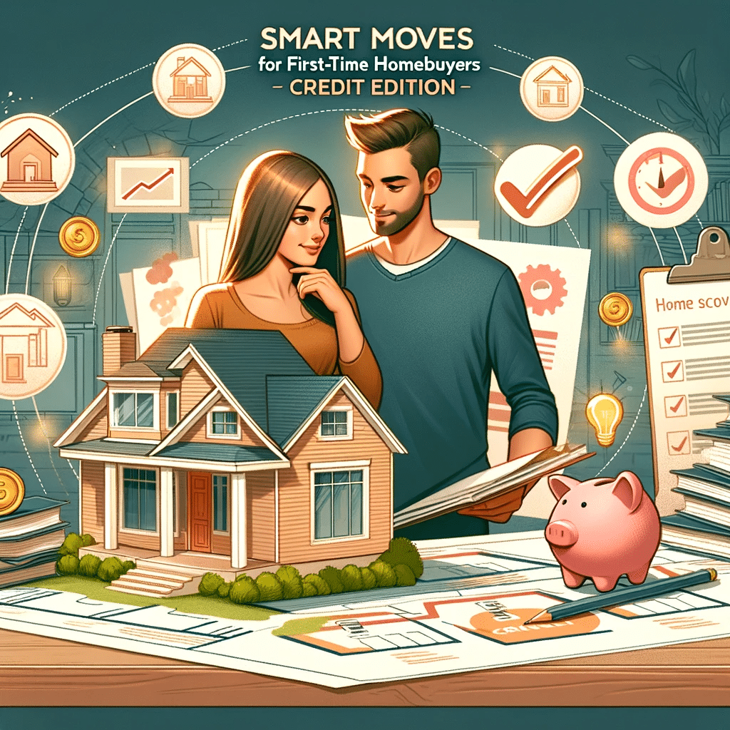 The image is an illustrated guide titled "SMART MOVES for First-Time Homebuyers - CREDIT EDITION". It features a young couple closely examining architectural plans and documents that are spread out over a table. In the foreground, there's a detailed model of a house and a piggy bank, symbolizing savings and investment in real estate. Surrounding the couple and the house model are icons representing various aspects of home buying and credit management, such as a house, an envelope, coins, a checklist, and a light bulb, which suggest planning, budgeting, and smart decision-making in the home purchasing process. The scene is set against a twilight sky, adding a sense of aspiration and future planning.