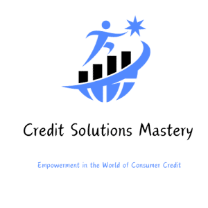 The logo for Credit Solutions Mastery, featuring a stylized figure raising a hand towards a star, with a swoosh and bar graph elements, symbolizing growth and success. Below is the company name in bold, with the tagline 'Empowerment in the World of Consumer Credit' beneath it.
