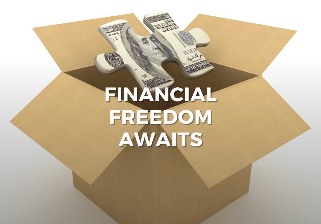 An image of an open cardboard box with a puzzle piece shaped like a dollar bill slotting into place on top, with the text 'FINANCIAL FREEDOM AWAITS' above and the website 'CREDITSOLUTIONSMASTERY.COM' below. This represents the idea that the final piece to achieving financial freedom is within reach, potentially through the services offered by the advertised website.